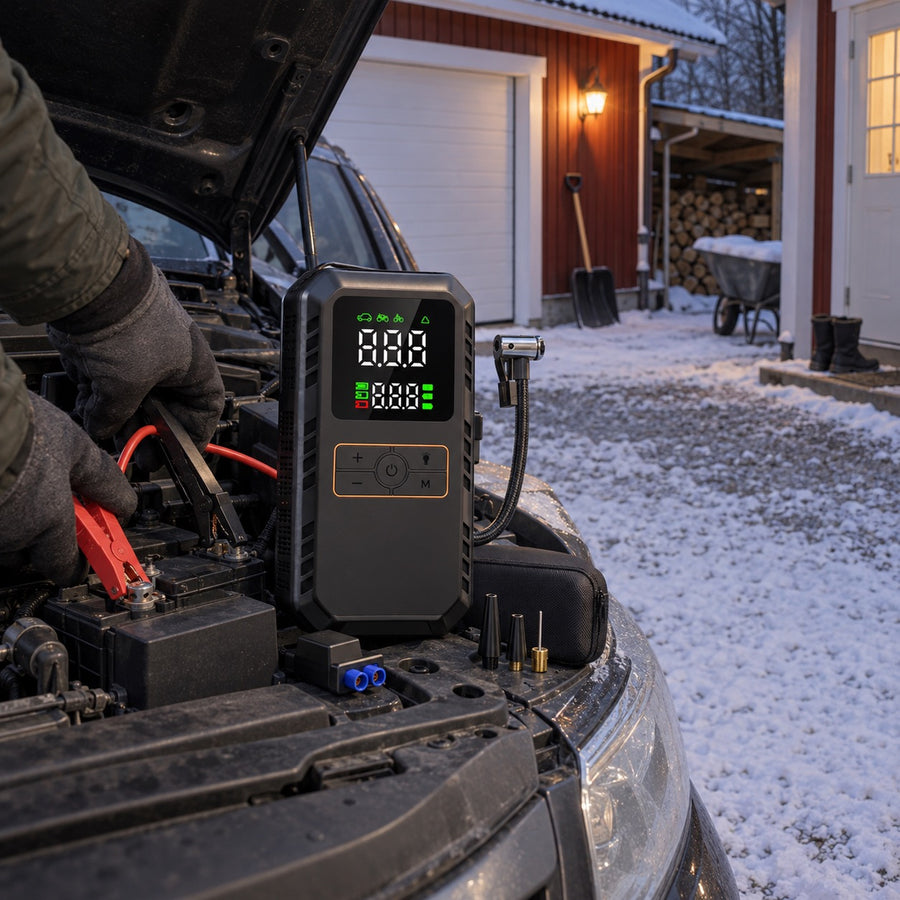 Händer som fäster klämmorna från en svart startbooster på bilbatteriet under en uppfälld motorhuv en vinterkväll