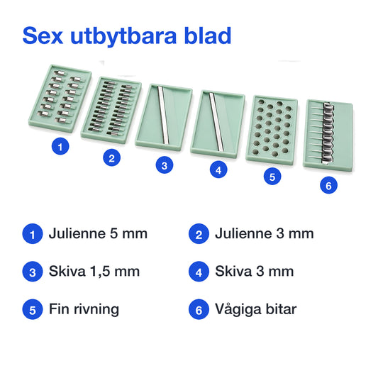 De sex utbytbara bladen: julienne 5 mm, julienne 3 mm, skiva 1,5 mm, skiva 3 mm, fin rivning och vågiga bitar