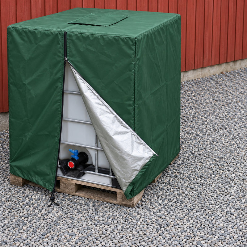 Tanköverdrag med öppnad dragkedja som visar silverinsidan och tankens utlopp