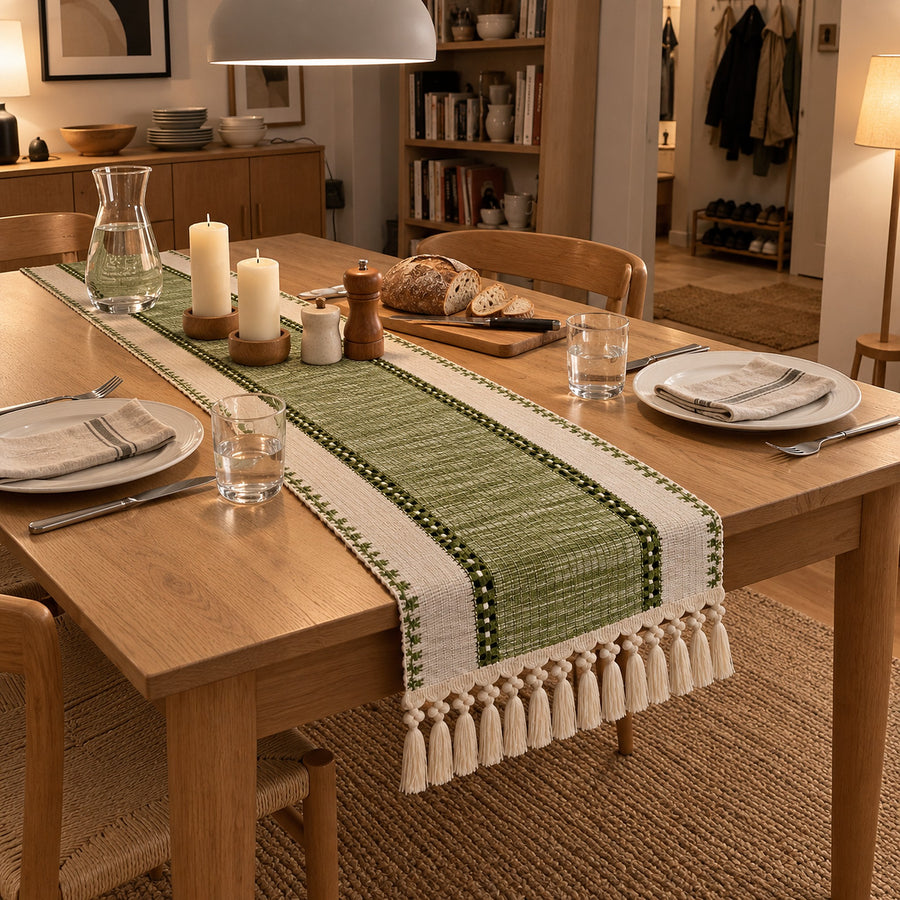 Grön vävd bordslöpare med tofsar på ett dukat matbord