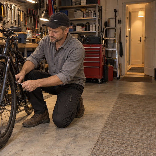 Man i svarta cargobyxor knäar vid en cykel och drar åt en bult i ett inrett garage med verkstad