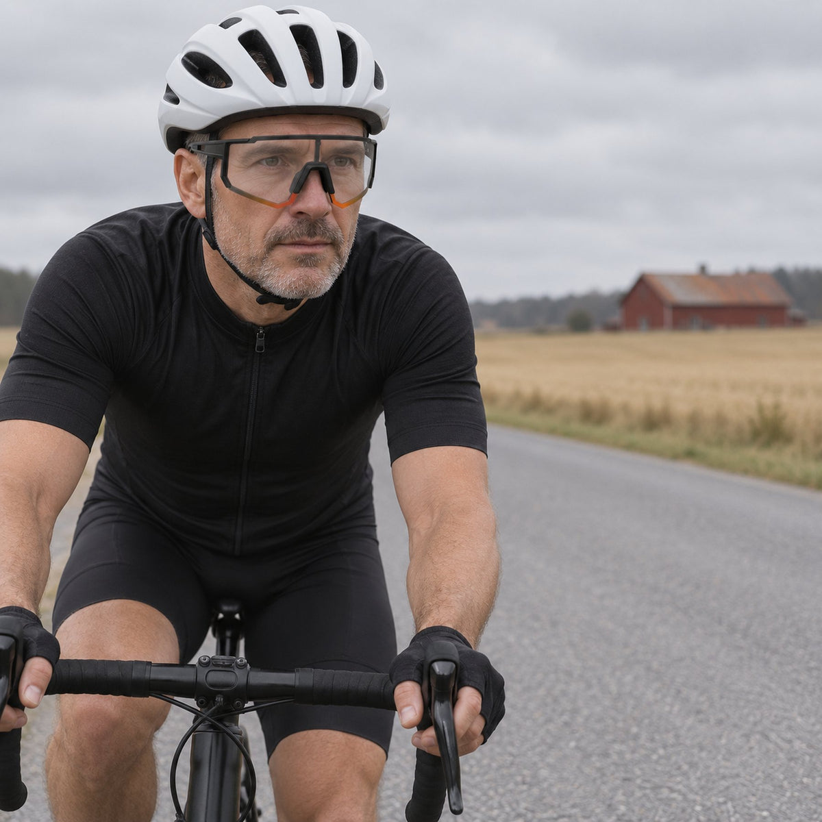 Man cyklar på landsväg med fotokroma cykelglasögon en mulen dag