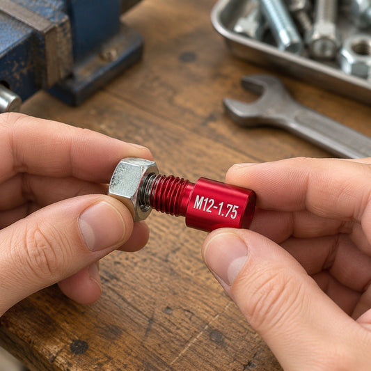 Mutter provas mot röd gängmätare märkt M12-1.75