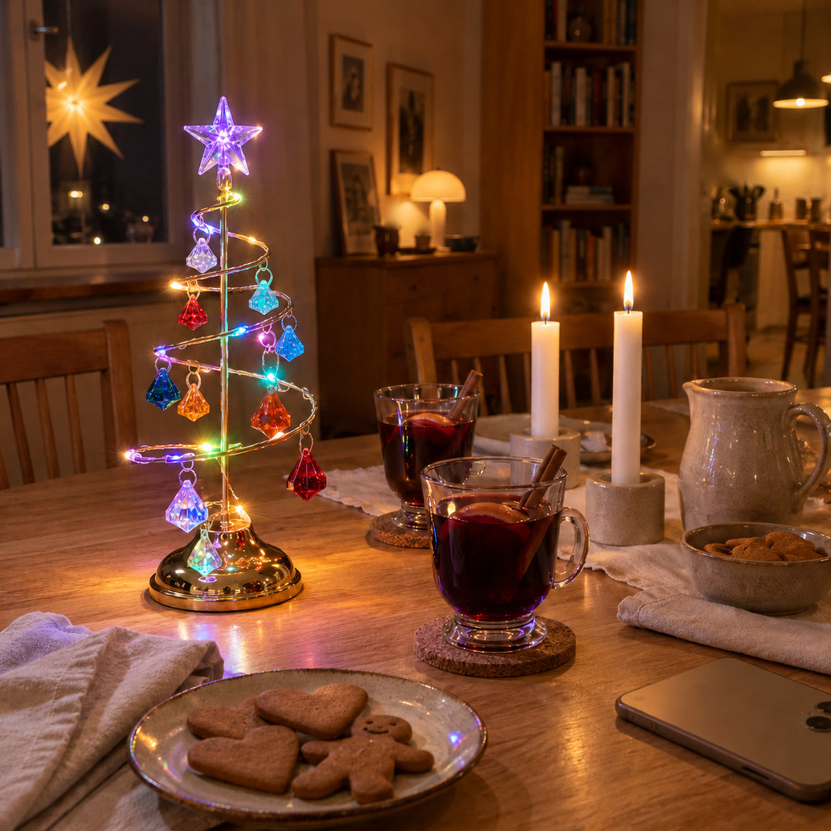 Flerfärgad julgranslampa med färgade prismor på ett dukat bord med glögg och pepparkakor