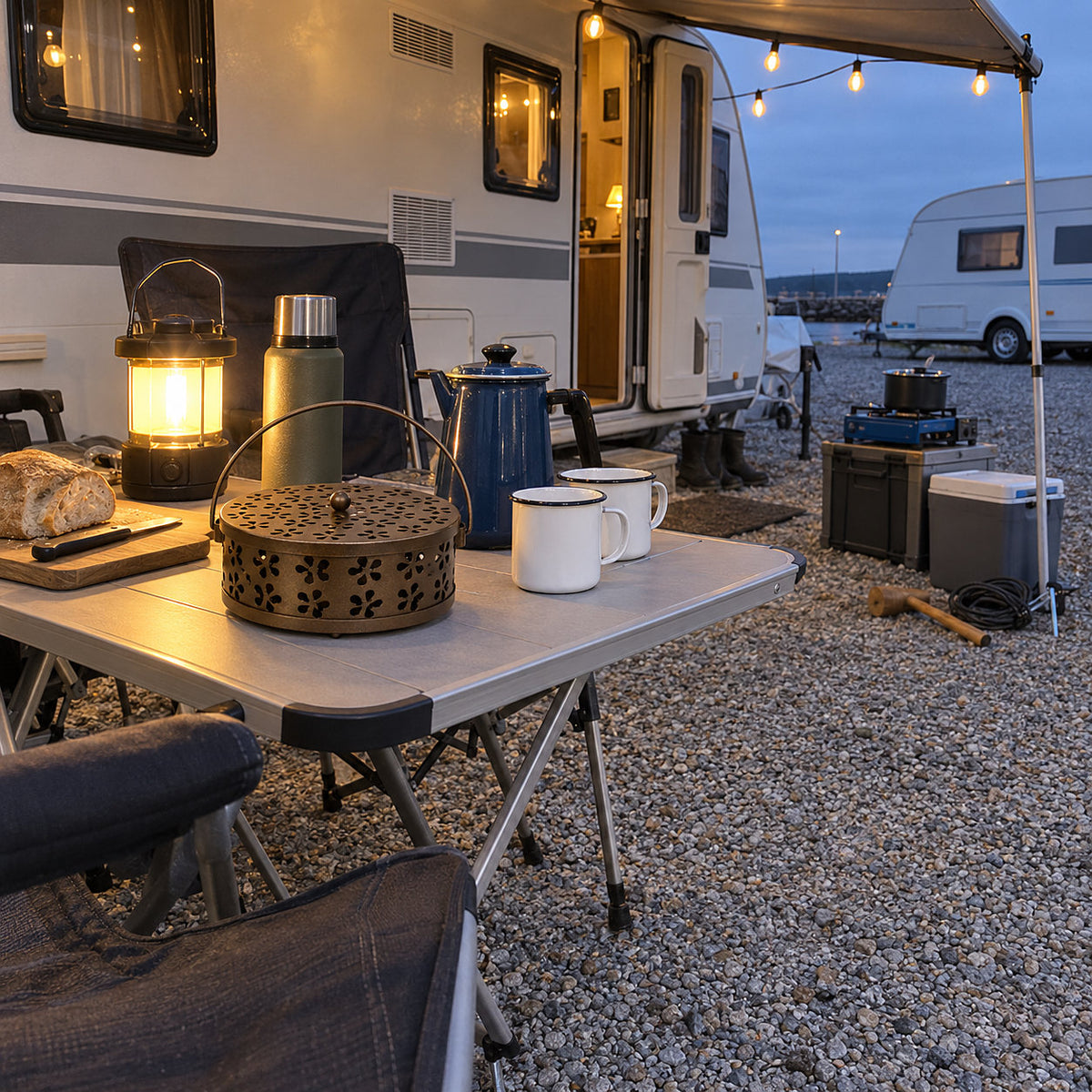 Brun myggspiralhållare på ett hopfällbart campingbord framför en husvagn på en campingplats