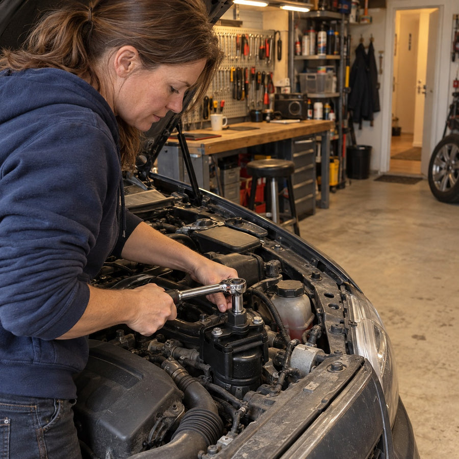 Kvinna lossar ett oljefilter i motorrummet med en justerbar svart oljefilternyckel och ett spärrskaft i ett hemgarage