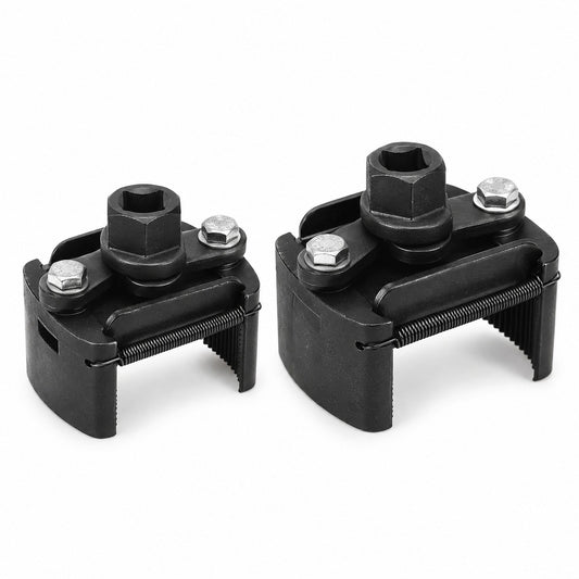 Två svarta justerbara oljefilternycklar i storlek 60 till 80 mm och 80 till 105 mm bredvid varandra