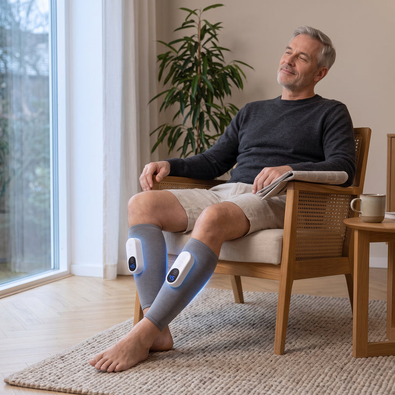 Man i fatolj med vadmassage-manschetter pa bada vaderna