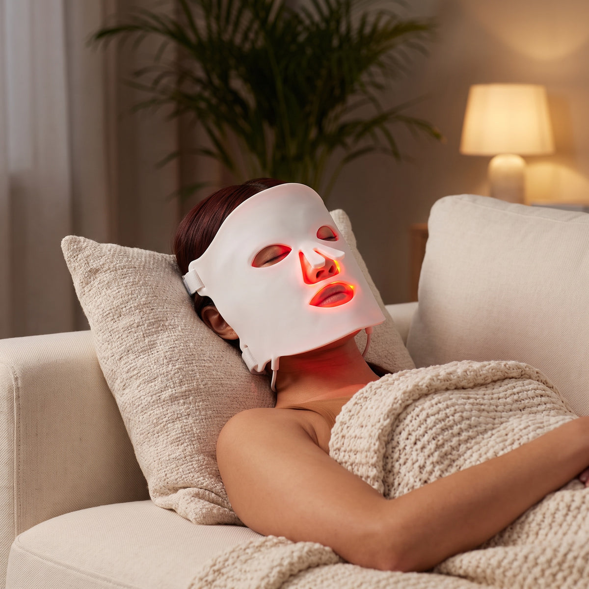 Kvinna vilar på soffan med LED-ansiktsmasken med rött sken