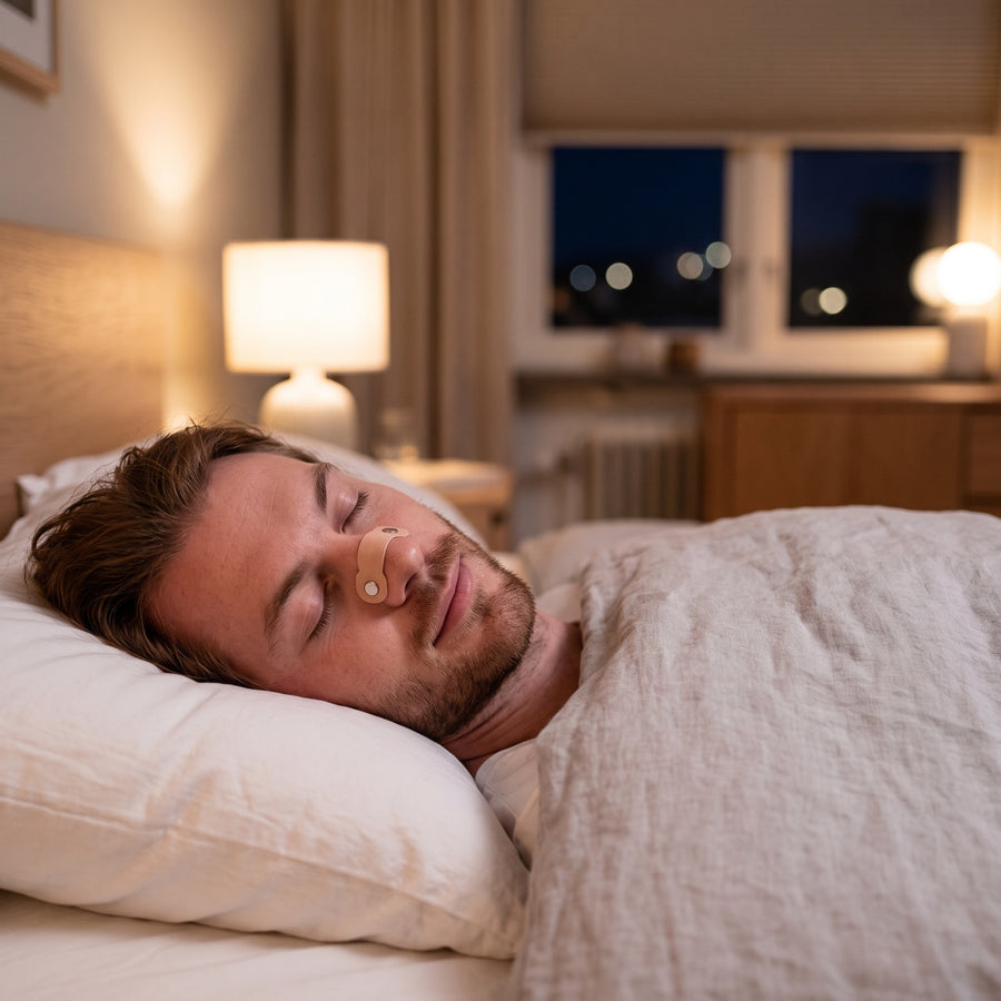 Man sover lugnt med den magnetiska näsvidgaren på näsan