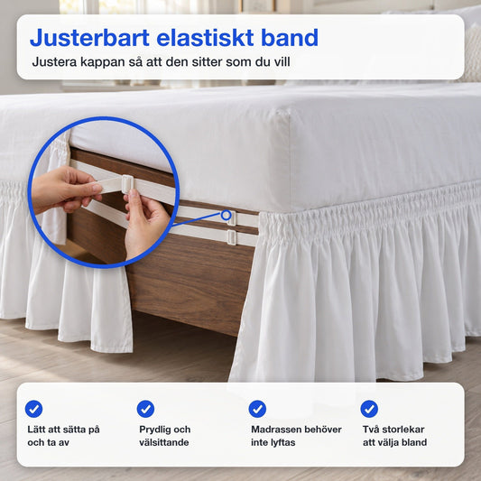 Justerbart elastiskt band håller sängkappan på plats runt sängramen utan att madrassen lyfts