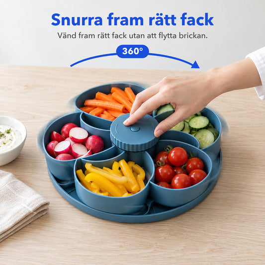 En hand snurrar den blå snacksbrickan runt mitten så att rätt fack kommer fram, facken är fyllda med grönsaker