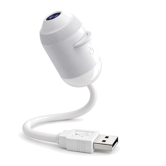 Vit stjärnprojektor med böjbar svanshals och USB-kontakt på vit bakgrund