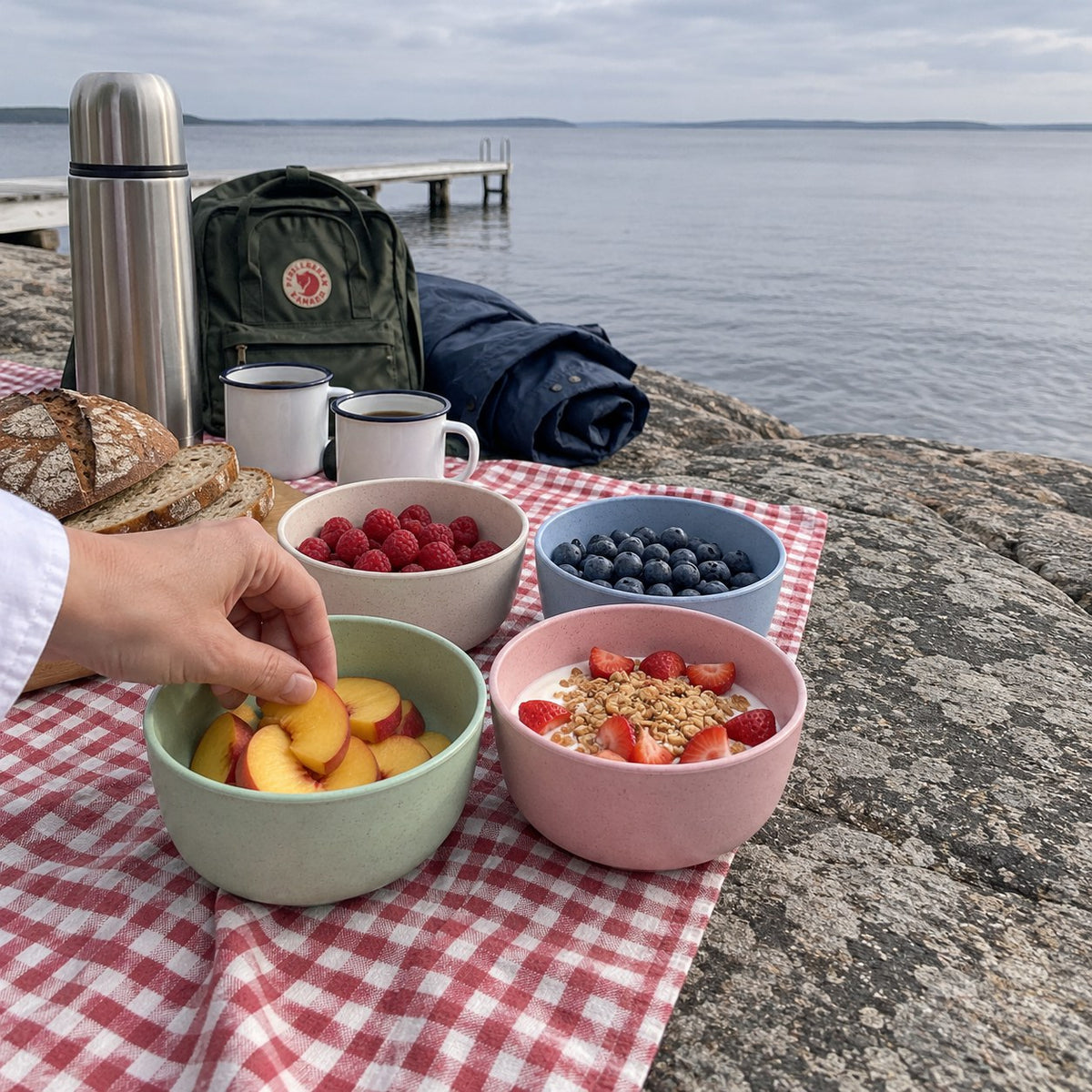 Skålar fyllda med bär, yoghurt och persika på en picknickfilt vid en sjö