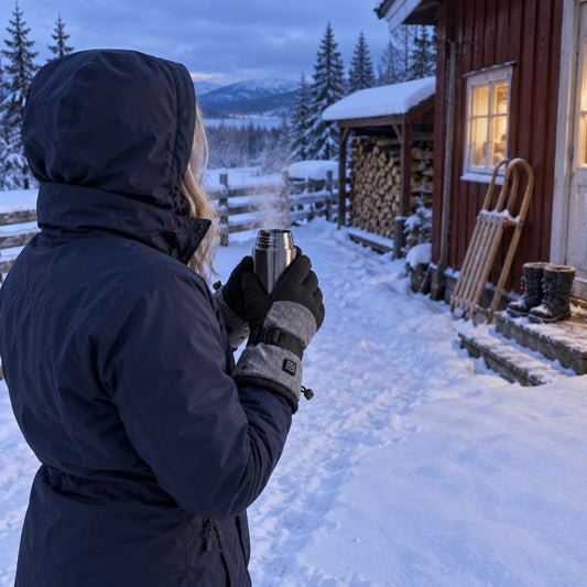 Person i vinterjacka håller en termos med värmehandskar på en snöig stig i skymningen