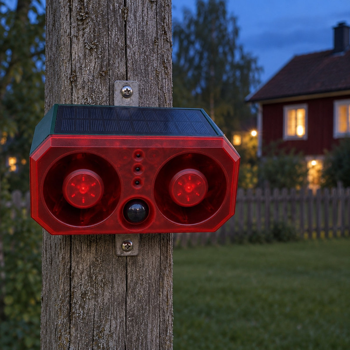 Viltskrämma med röd front uppsatt på en grå trästolpe i en trädgård i skymningen