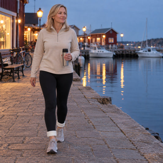 Kvinna i svarta fleecefodrade leggings med uppvikt fodrad fåll vid anklarna på en kaj i skymning