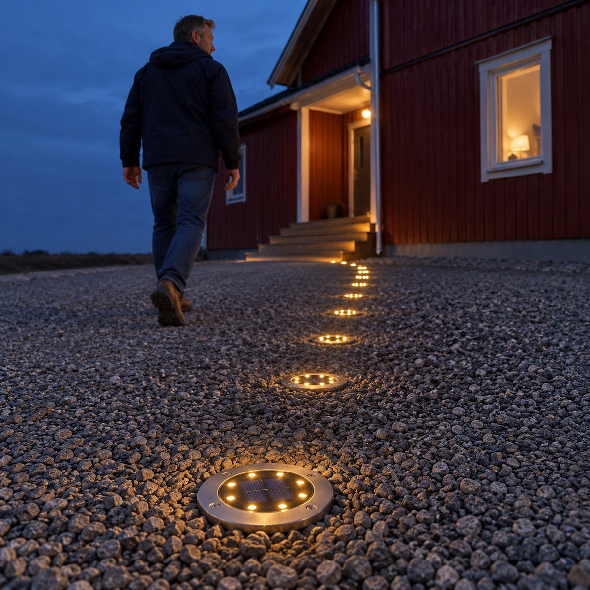 Man går på en grusuppfart mot ett rött hus med en rad solcellsdrivna marklampor som lyser längs vägen