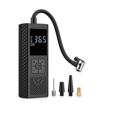 Svart handhållen däckpump med flätad slang, munstycken och mässingsadapter på vit bakgrund