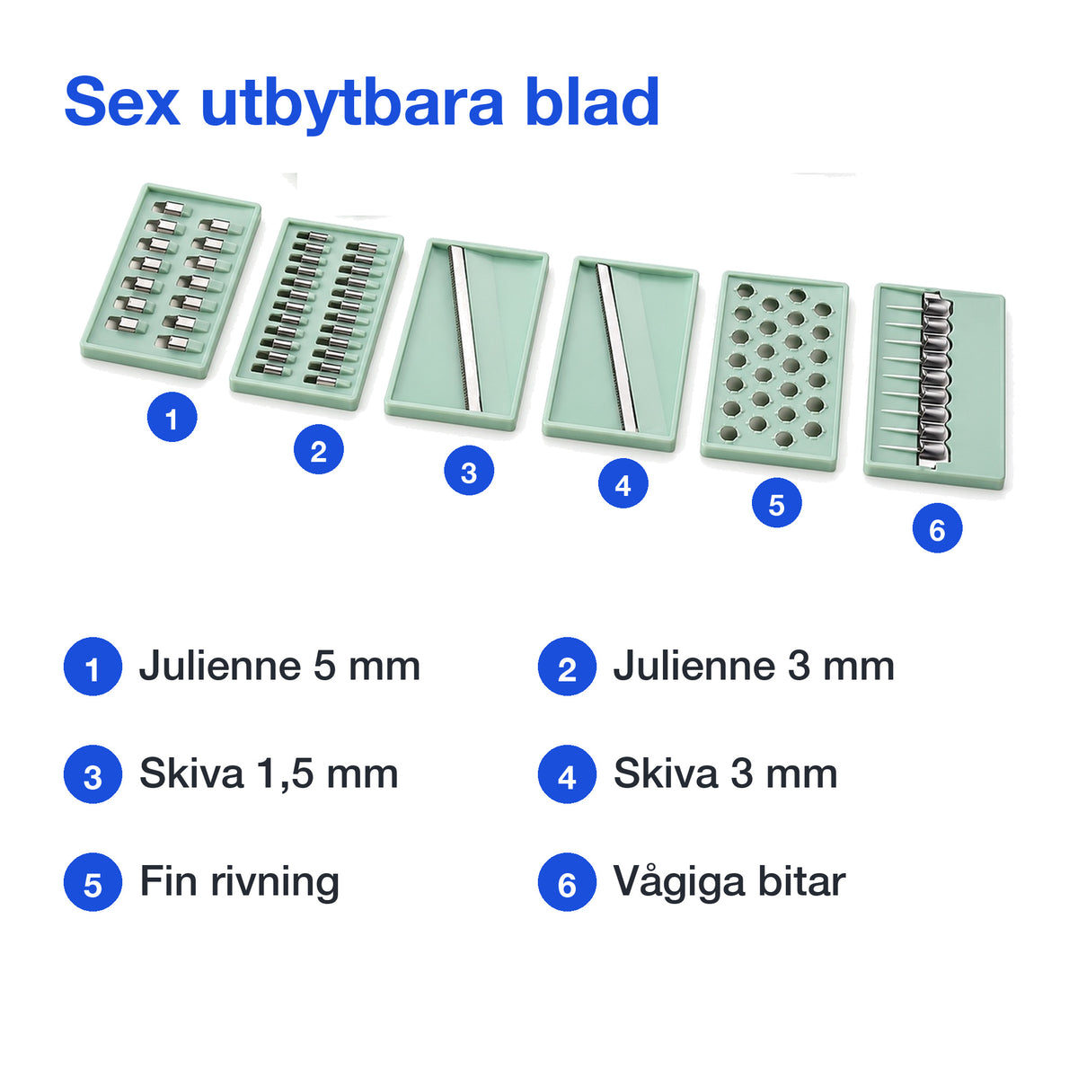 De sex utbytbara bladen: julienne 5 mm, julienne 3 mm, skiva 1,5 mm, skiva 3 mm, fin rivning och vågiga bitar
