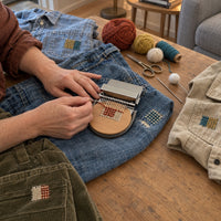 Händer håller stoppverktyget på ett par jeans med vävda lagningar i olika färger