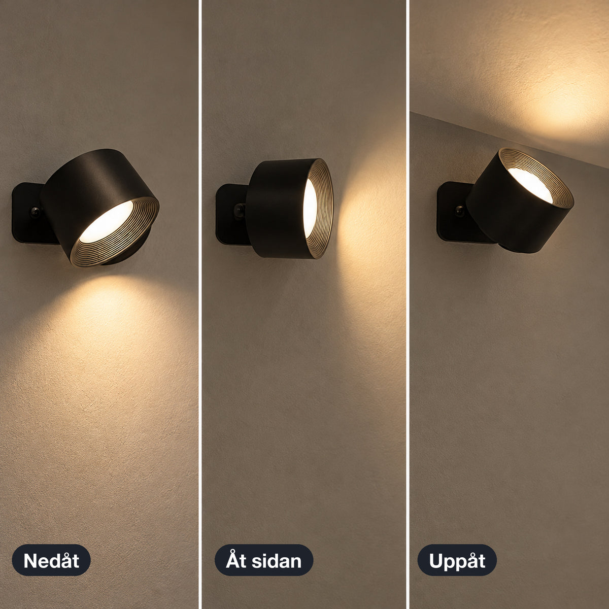 Samma svarta vägglampa tre gånger: ljuset riktat nedåt, åt sidan och uppåt