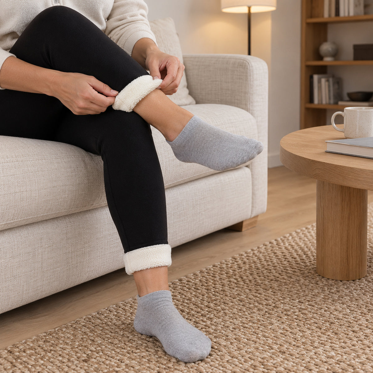 Kvinna i soffa viker upp fållen på svarta leggings vid ankeln så att det krämvita fleecefodret syns