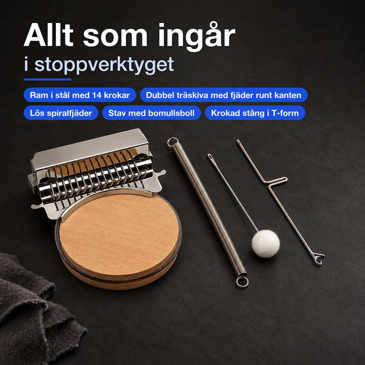 Delarna som ingår i stoppverktyget utlagda på mörk bakgrund