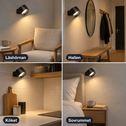Fyra bilder av den svarta vägglampan i läshörna, hall, kök och sovrum