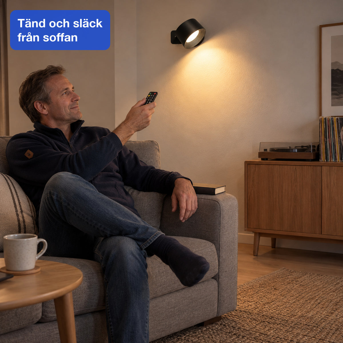 Man i en soffa styr den svarta vägglampan med en fjärrkontroll