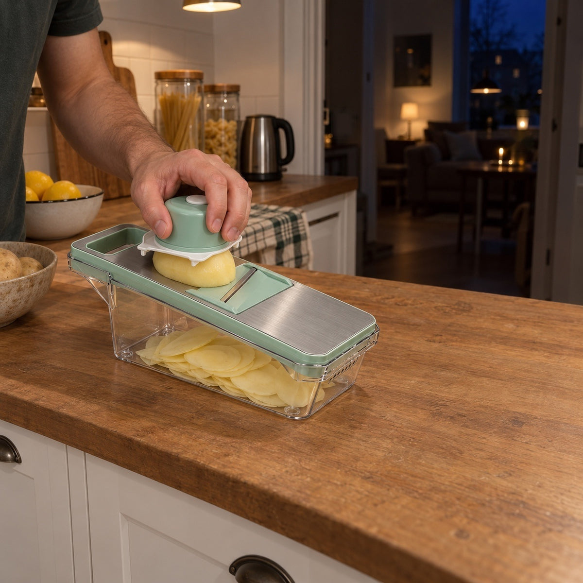 En hand använder handskyddet för att skiva en potatis