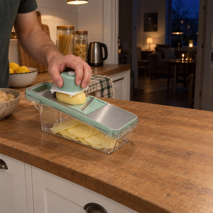En hand använder handskyddet för att skiva en potatis