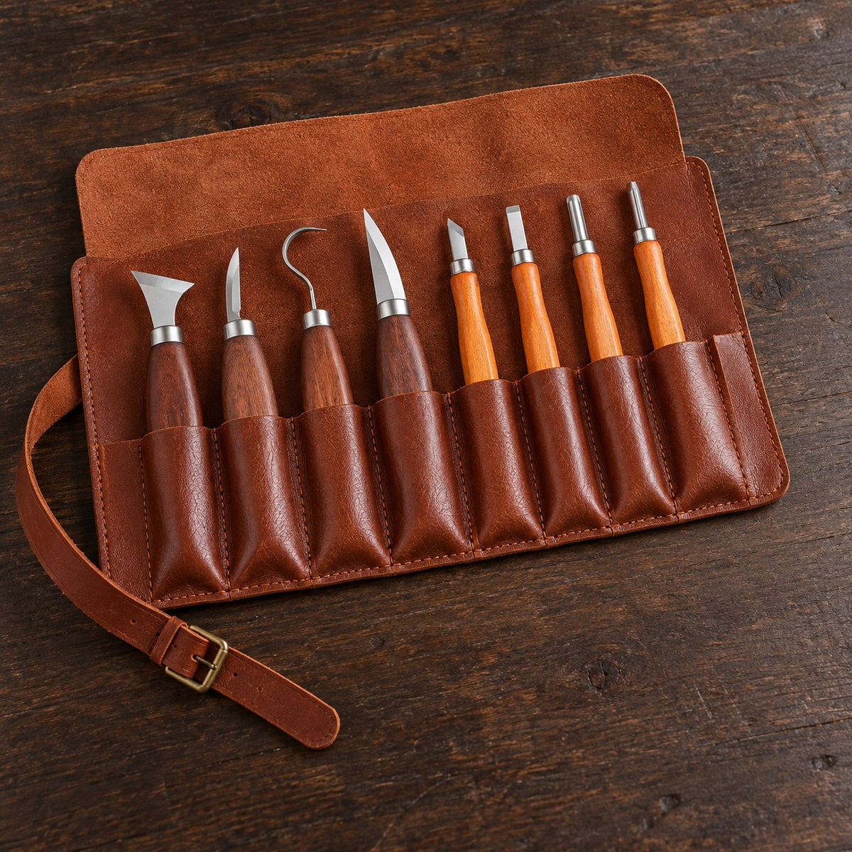 Rullväska i läder med täljknivar och gravyrjärn i fickorna