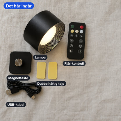 Det som ingår: lampa, fjärrkontroll, platta med magnetfäste, dubbelhäftig tejp och USB-kabel