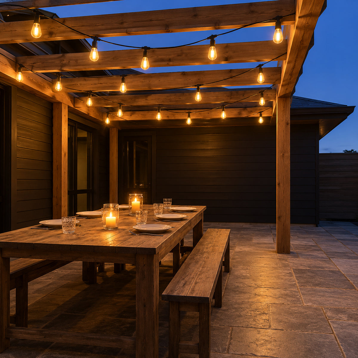 Pergola över en stenlagd uteplats med ett långt matbord under tända glödlampor