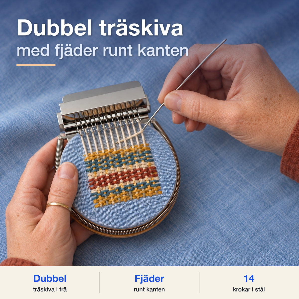 Närbild av den runda träskivan med fjäder under en vävd lagning i tyg