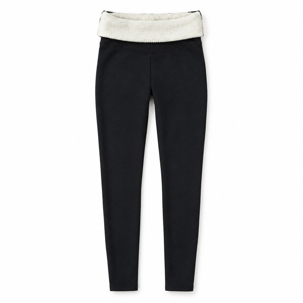Svarta leggings utbredda med nedvikt midja som visar krämvitt fleecefoder på vit bakgrund
