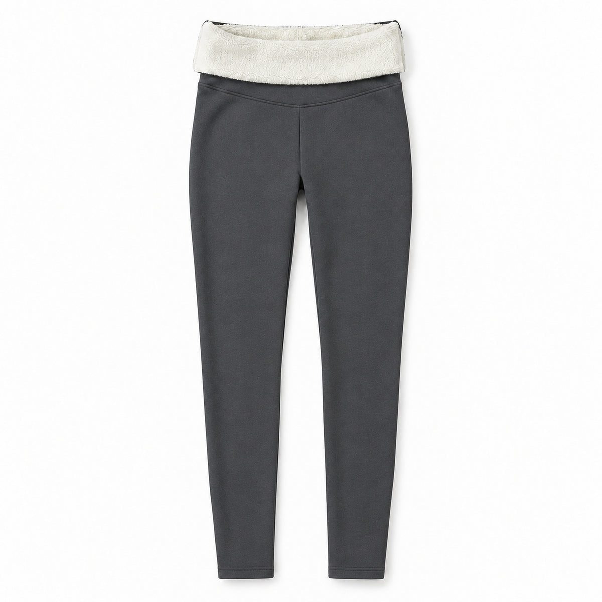 Gråa leggings utbredda med nedvikt midja som visar krämvitt fleecefoder på vit bakgrund