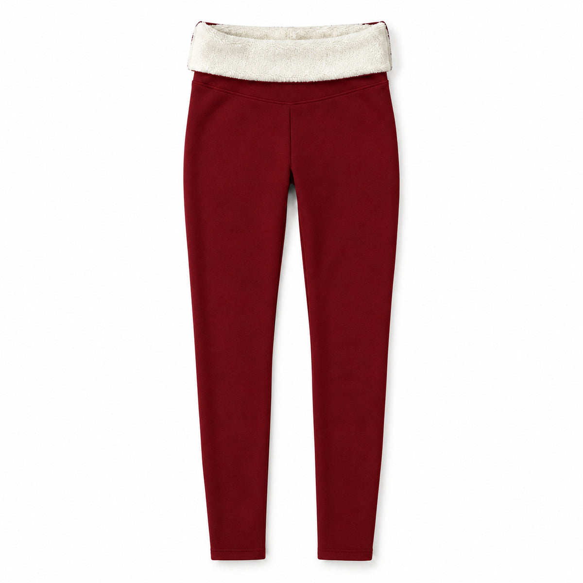 Röda leggings utbredda med nedvikt midja som visar krämvitt fleecefoder på vit bakgrund