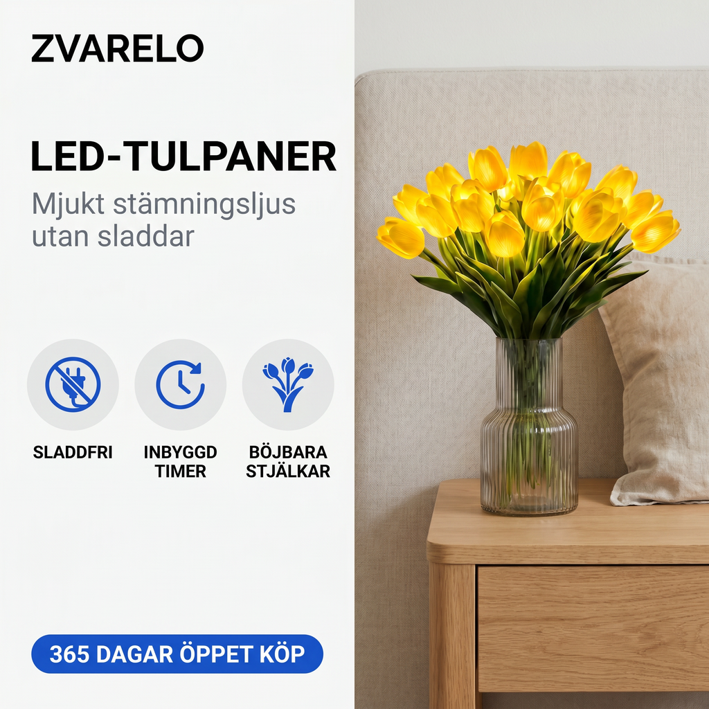 Zvarelo™ — Den Originella LED-Tulpanen med varmvitt sken som aldrig vissnar