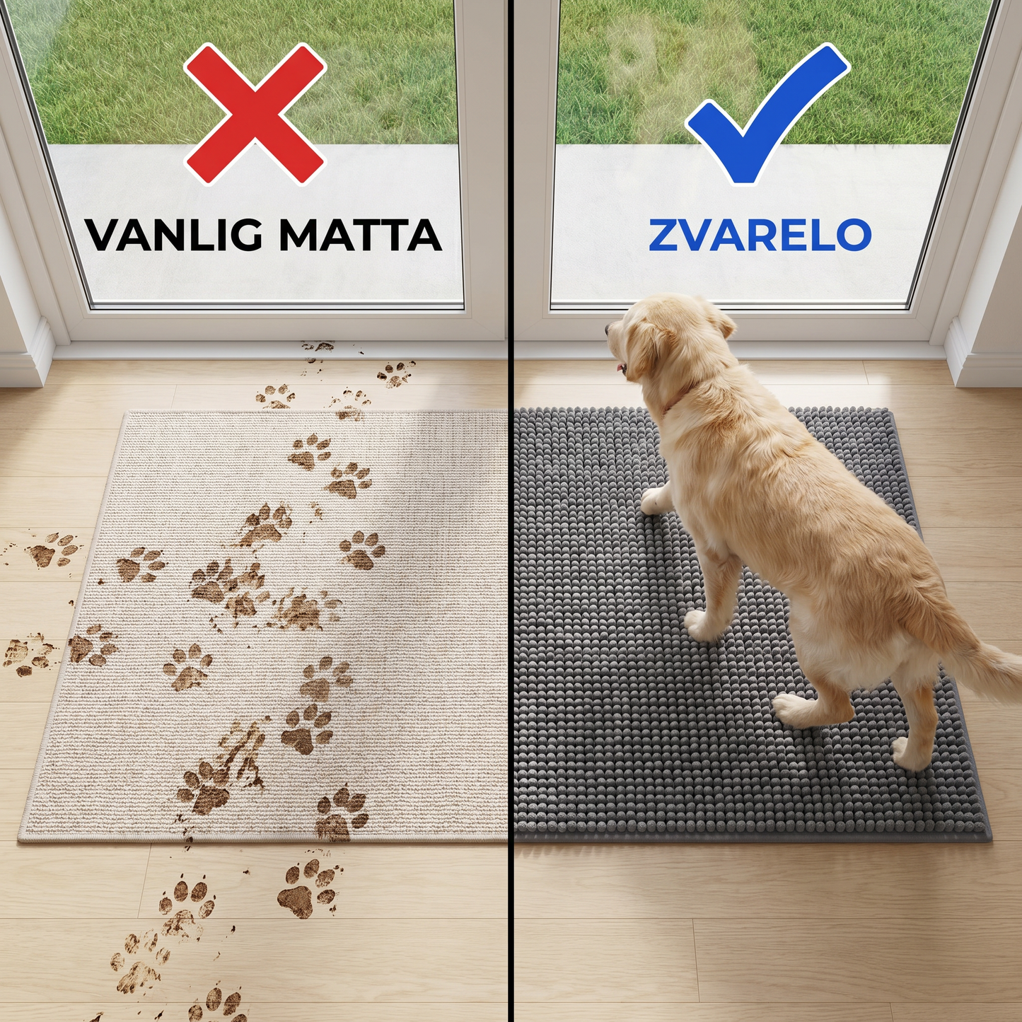 Zvarelo™ — Hundmattan med tre lager som fångar lera och vatten vid dörren innan tassarna når golvet