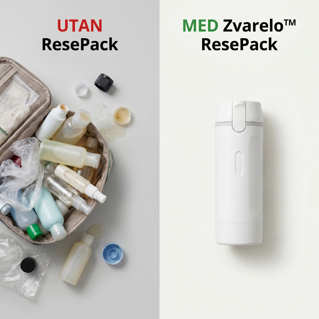 Zvarelo™ — Reseflaskan med 4 pumpar som samlar hela din rutin läckagesäkert i jackfickestorlek