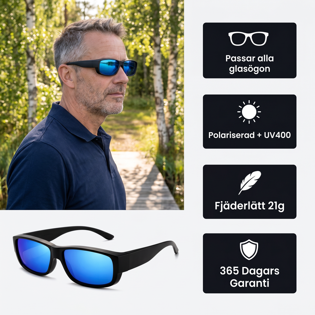 Zvarelo™ — Solglasögonen som sitter ovanpå dina glasögon med polariserade linser utan kisning eller byte