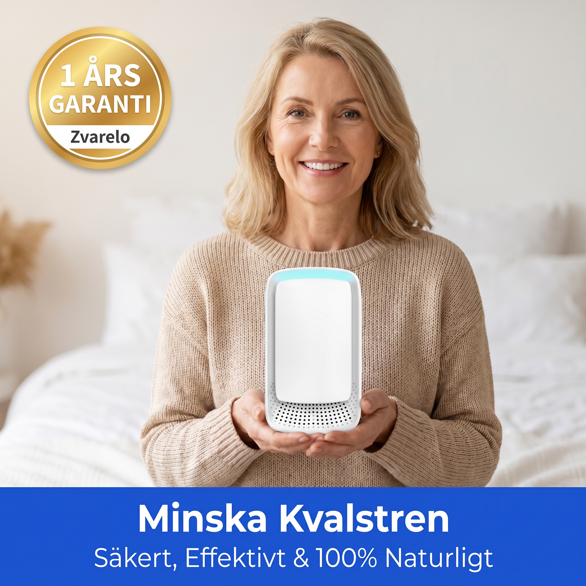 Zvarelo™ KvalsterFri — Jonisatorn som rengör sovrumslukten tyst och filterfritt så att du vaknar klarare