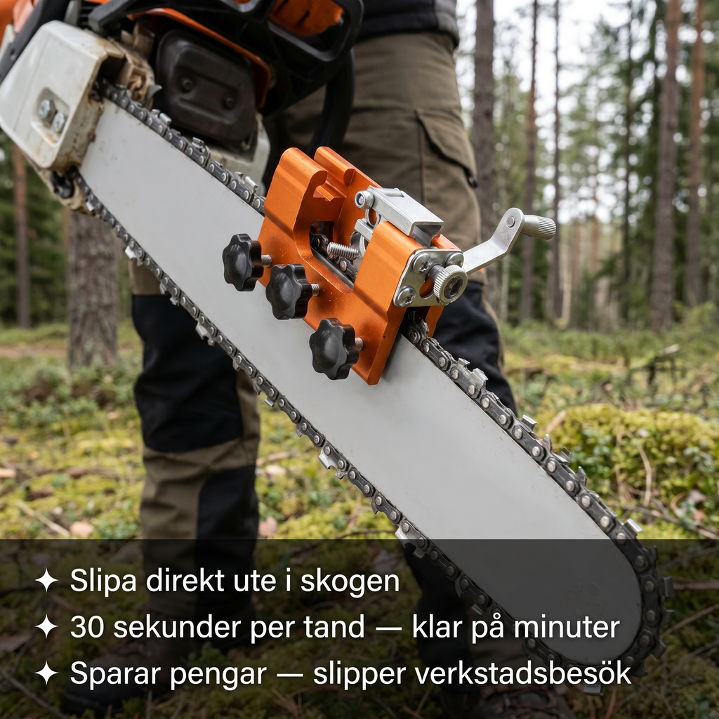 Zvarelo™ — Nordslip kedjesliparen som slipar motorsågskedjan på 10 sekunder direkt på sågen