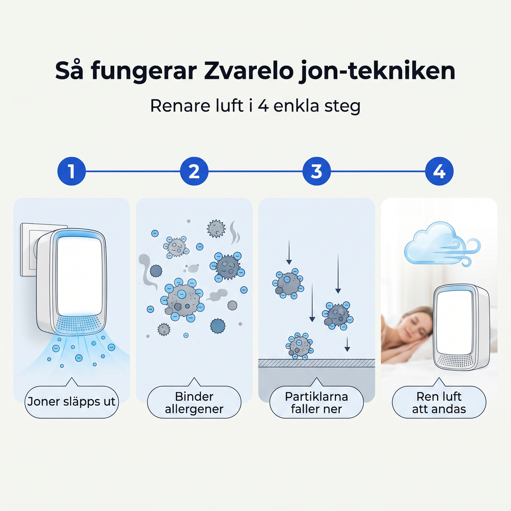 Zvarelo™ KvalsterFri — Jonisatorn som rengör sovrumslukten tyst och filterfritt så att du vaknar klarare