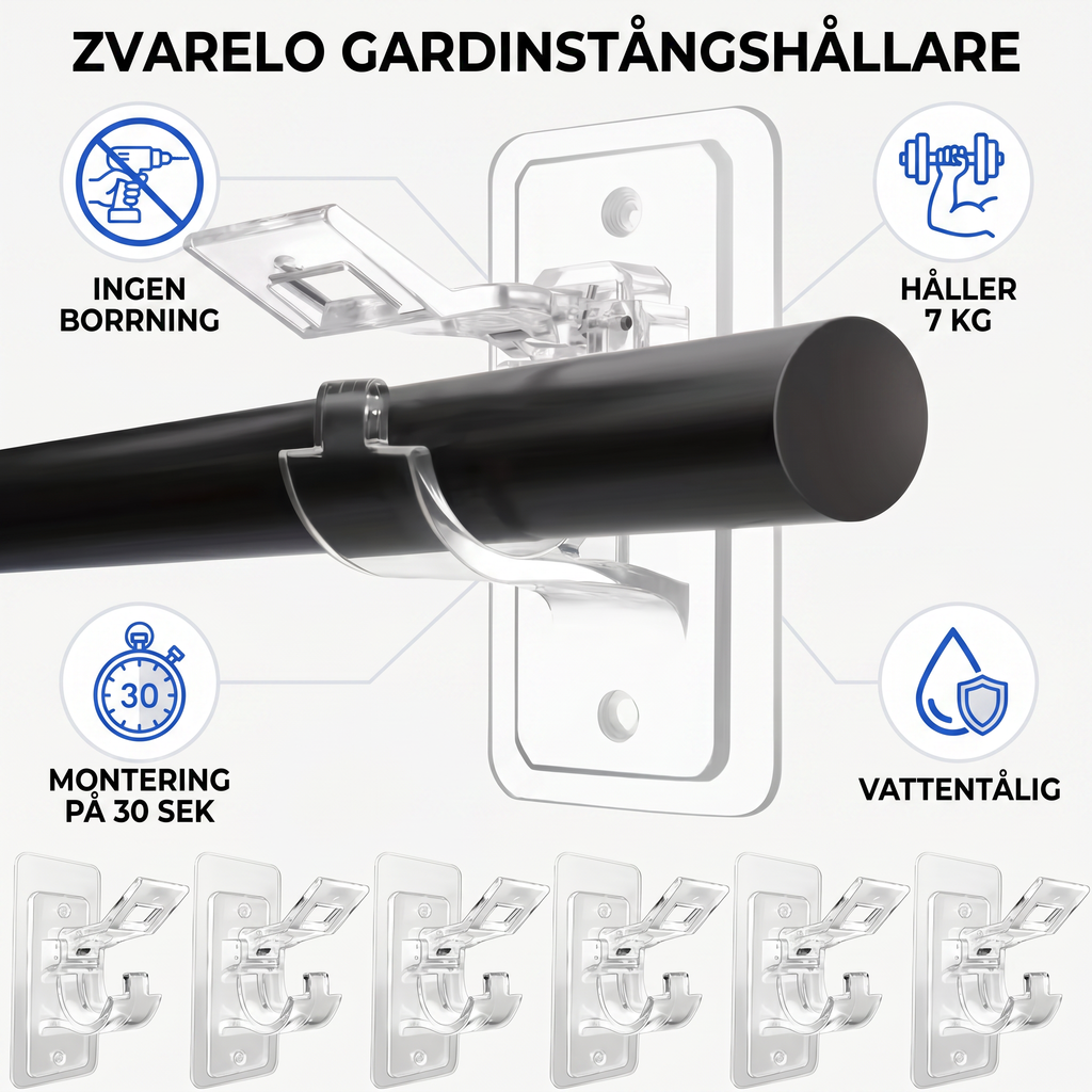 Zvarelo™ — Den Originella Gardinstångshållaren som sitter fast utan borrning och lämnar inga märken
