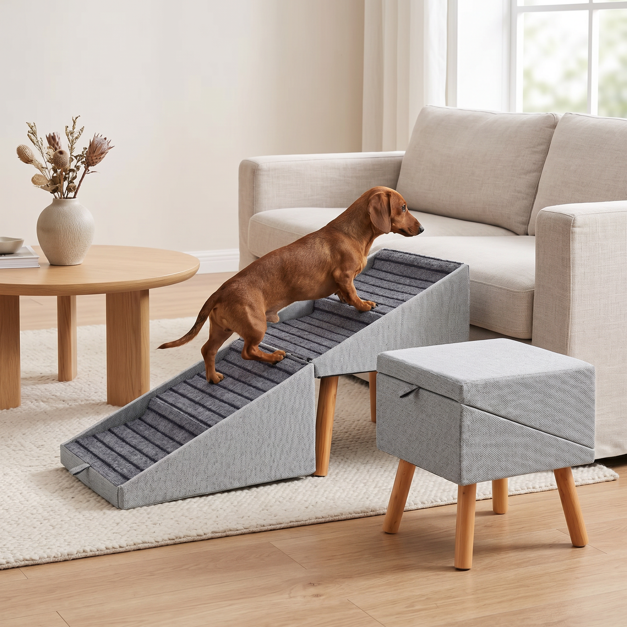 Zvarelo™ — Den Originella Hundtrappan i ottoman-design som skyddar din hunds leder