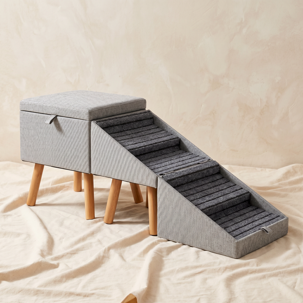Zvarelo™ — Den Originella Hundtrappan i ottoman-design som skyddar din hunds leder