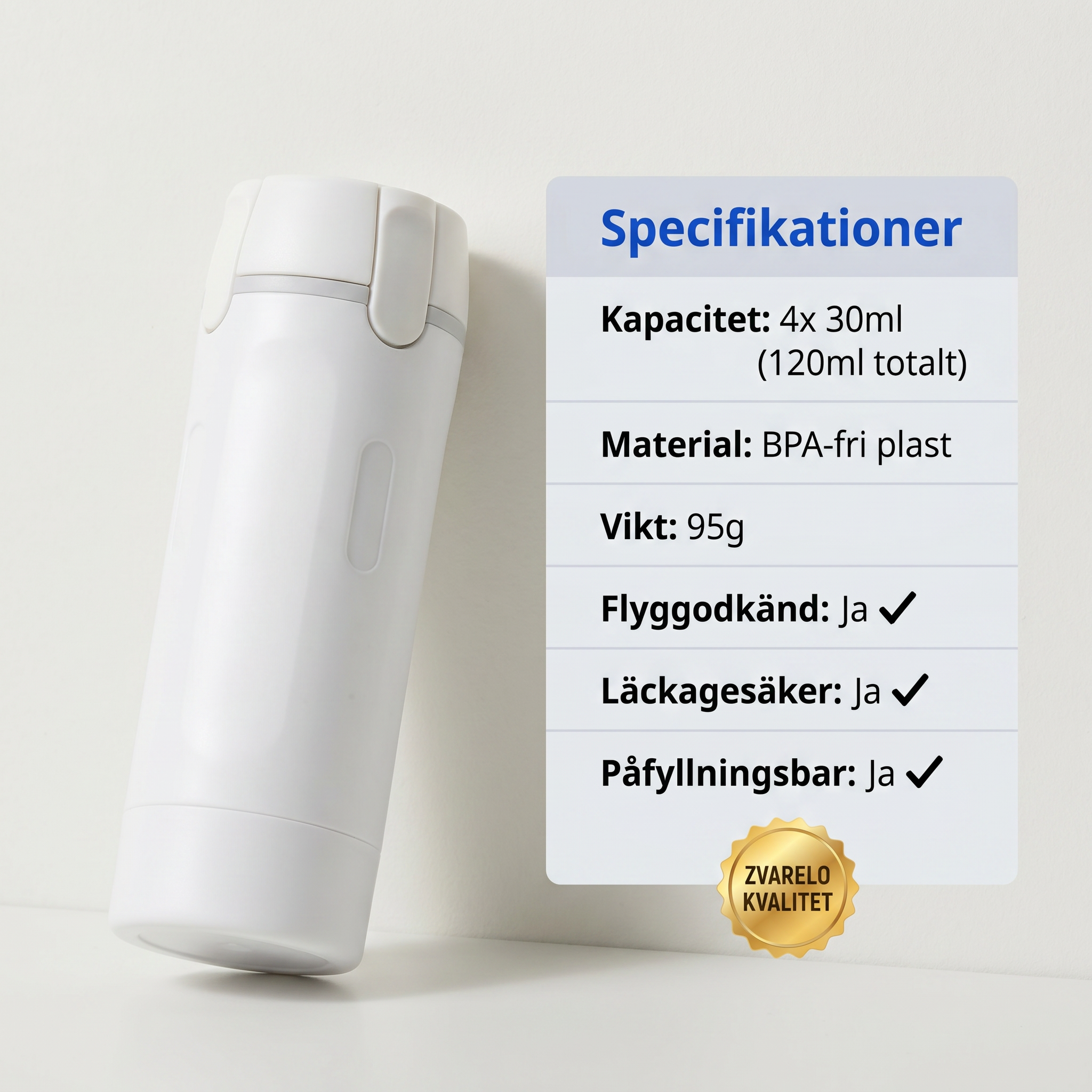 Zvarelo™ — Reseflaskan med 4 pumpar som samlar hela din rutin läckagesäkert i jackfickestorlek